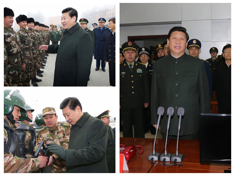 【武警部隊】2013年1月29日，習(xí)近平到武警部隊視察，觀摩了緊急出動演練，察看了部隊裝備，詳細(xì)了解新兵訓(xùn)練和生活情況。在武警北京市總隊作戰(zhàn)勤務(wù)值班室，習(xí)近平與天安門廣場國旗哨兵視頻通話，他叮囑哨兵注意防寒保暖，勉勵大家牢記職責(zé)、不辱使命，用實際行動捍衛(wèi)國旗尊嚴(yán)，維護國家形象，為黨和人民再立新功。