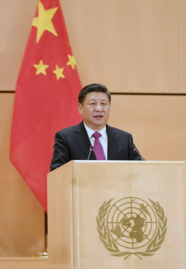 1月18日，國家主席習近平在瑞士日內瓦萬國宮出席“共商共筑人類命運共同體”高級別會議，並發(fā)表題為《共同構建人類命運共同體》的主旨演講。新華社記者 饒愛民 攝