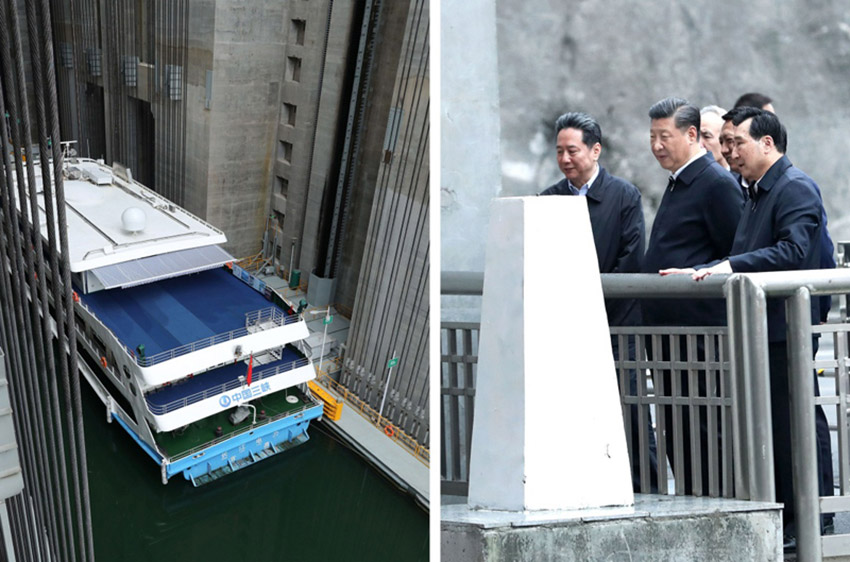 4月24日下午，中共中央總書記、國家主席、中央軍委主席習(xí)近平來到三峽大壩，詳細(xì)了解三峽工程建設(shè)、發(fā)電、水利、通航、生態(tài)保護(hù)等方面的情況。這是習(xí)近平在察看升船機(jī)運(yùn)行情況（拼版照片）。新華社記者 龐興雷 攝