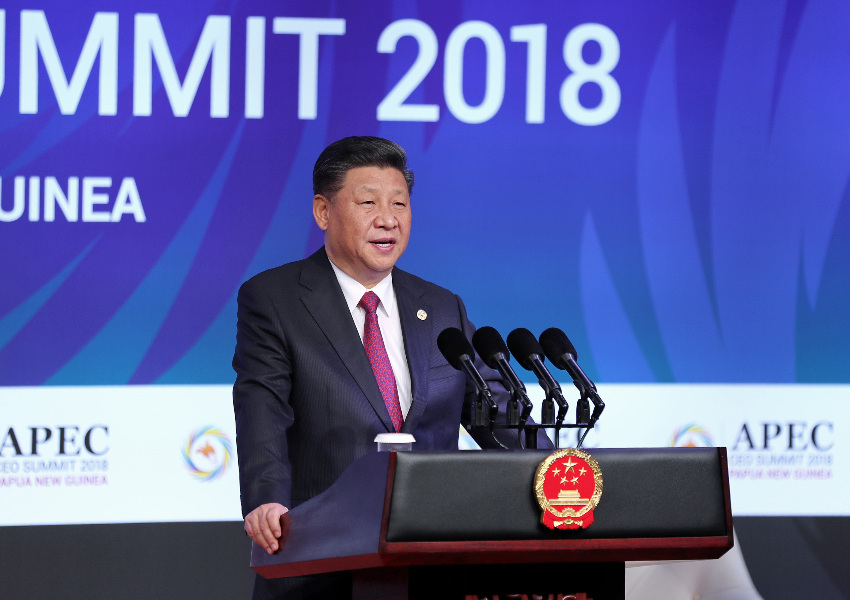 11月17日，國家主席習近平應邀出席在巴布亞新幾內亞莫爾茲比港舉行的亞太經(jīng)合組織工商領導人峰會並發(fā)表題為《同舟共濟創(chuàng)造美好未來》的主旨演講。新華社記者 鞠鵬 攝