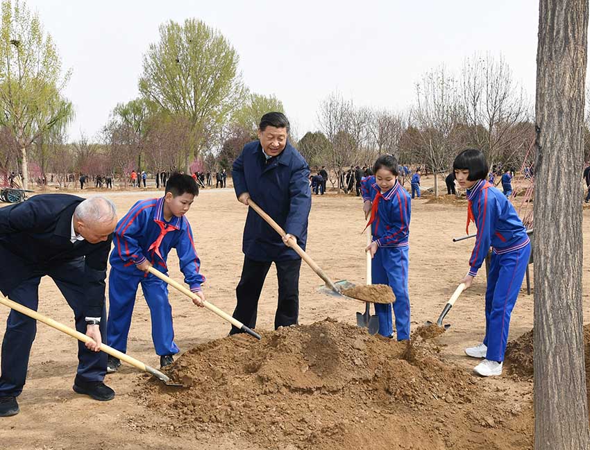4月8日，黨和國(guó)家領(lǐng)導(dǎo)人習(xí)近平、栗戰(zhàn)書(shū)、汪洋、王滬寧、趙樂(lè)際、韓正、王岐山等來(lái)到北京市通州區(qū)永順鎮(zhèn)參加首都義務(wù)植樹(shù)活動(dòng)。這是習(xí)近平同大家一起植樹(shù)。新華社記者 謝環(huán)馳 攝