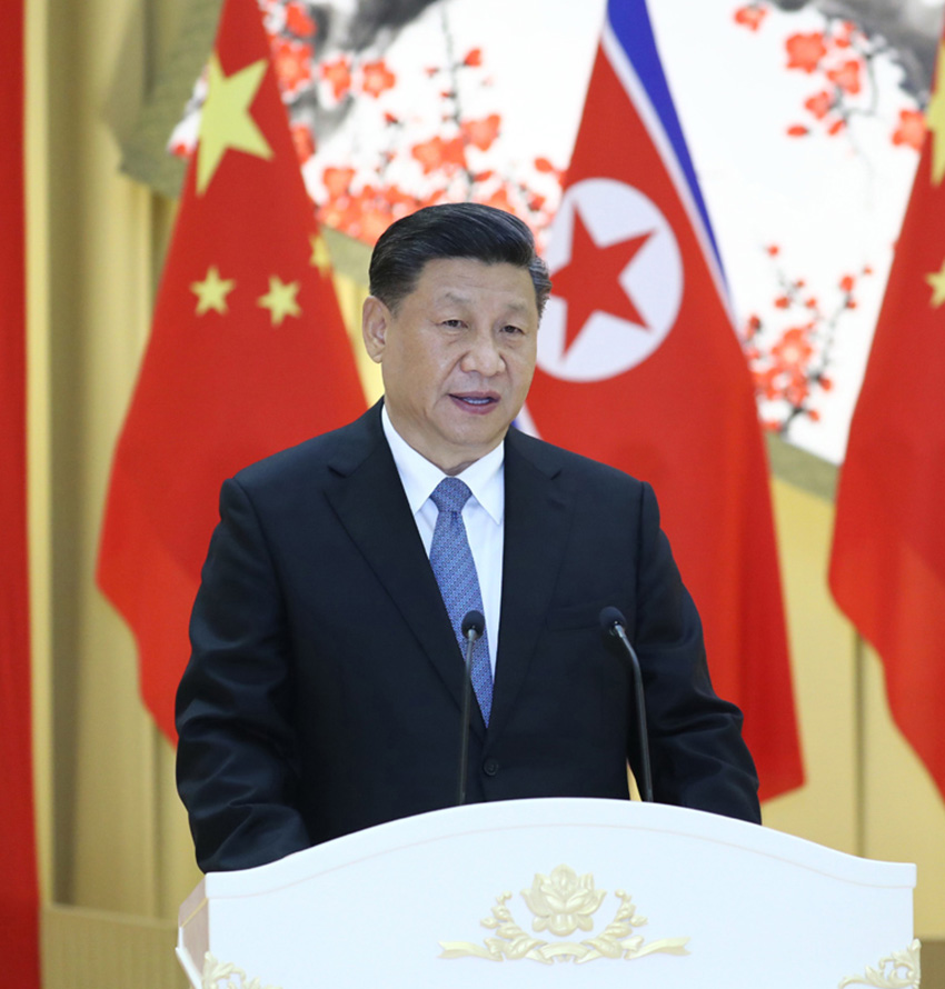 6月20日，中共中央總書記、國家主席習(xí)近平出席朝鮮勞動黨委員長、國務(wù)委員會委員長金正恩在平壤木蘭館舉行的歡迎宴會。這是習(xí)近平在宴會上致辭。 新華社記者 鞠鵬 攝