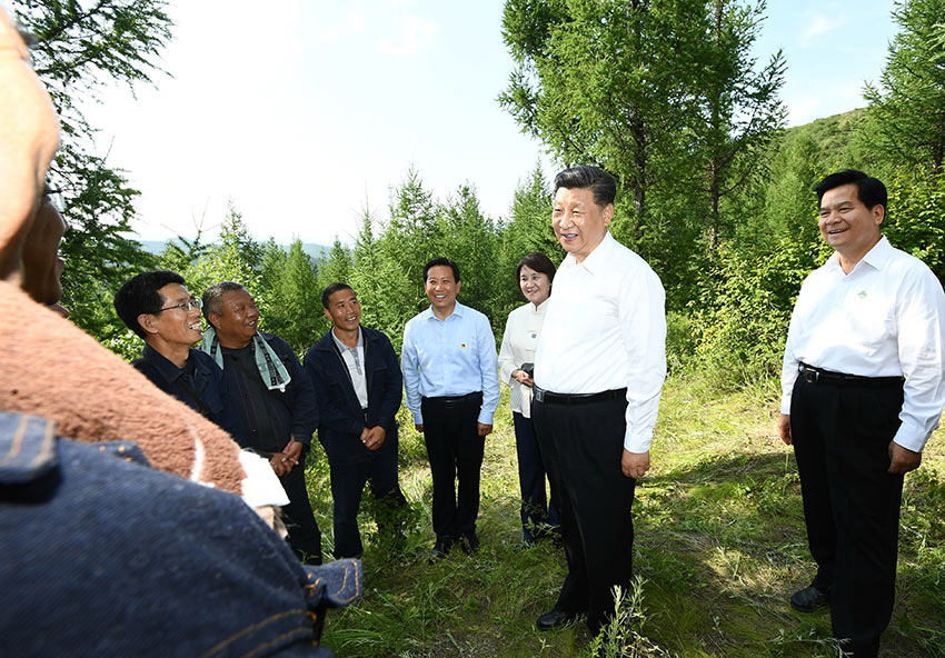 7月15日，中共中央總書記、國(guó)家主席、中央軍委主席習(xí)近平赴內(nèi)蒙古自治區(qū)考察調(diào)研。這是習(xí)近平在赤峰市喀喇沁旗馬鞍山林場(chǎng)了解生態(tài)文明建設(shè)情況。 新華社記者 謝環(huán)馳 攝