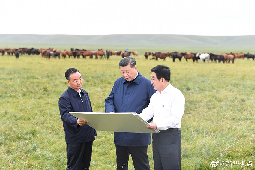 8月20日下午，中共中央總書記、國家主席、中央軍委主席習近平抵達甘肅省張掖市山丹縣，前往山丹培黎學校和山丹馬場考察調研，了解當?shù)芈殬I(yè)教育培訓和祁連山生態(tài)環(huán)境修復保護等情況。 新華社記者 謝環(huán)馳 攝