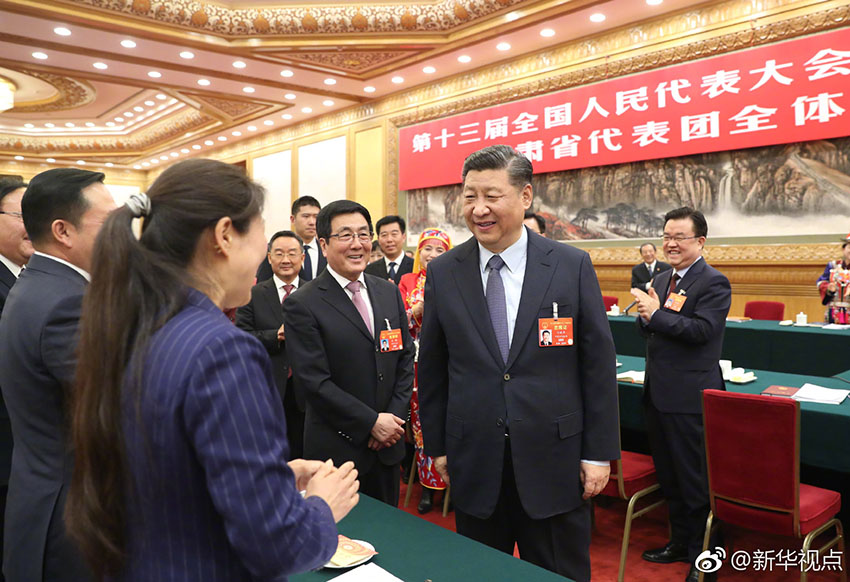 3月7日，中共中央總書記、國家主席、中央軍委主席習(xí)近平參加十三屆全國人大二次會議甘肅代表團的審議。 新華社記者 王曄 攝