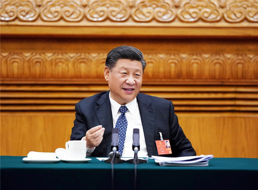 5月24日，中共中央總書記、國家主席、中央軍委主席習(xí)近平參加十三屆全國人大三次會議湖北代表團(tuán)的審議。 新華社記者 李學(xué)仁 攝